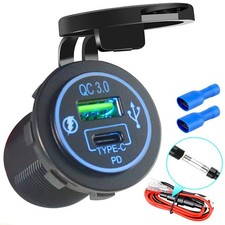 12V USB Quick Charge 3.0 Port & PD C Car Charger Socket, Blue LED picture