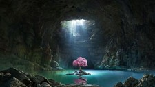 Landscape nature trees water cave rocks lake stones sun Custom Gaming Mat Desk picture