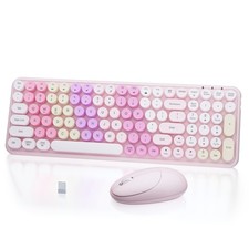 Pink Retro Typewriter Wireless Keyboard Mouse Combo 100 Keys Rainbow PC Mac picture