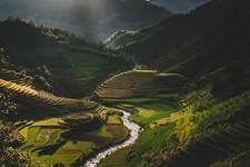 Landscape mountains nature terraced field river valley Custom Gaming Mat Desk picture