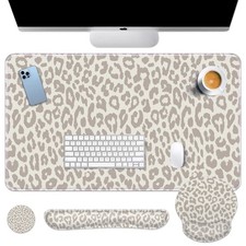 Arttown Leopard Light Khaki Desk Mat Animal Skin Mouse Pad Set 4 in 1 Ergonomic picture
