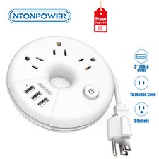 Travel Power Strip 3 Outlets 3 USB Ports Flat Plug 15inches Extension Cord picture