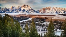 Landscape nature snow trees mountains snowy peak snake Custom Gaming Mat Desk picture