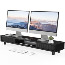Dual Monitor Stand with Storage, Desk Shelf with Glass Sliding Door picture