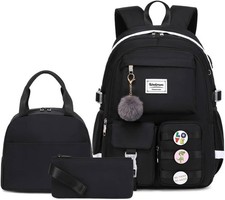 Women Casual Backpack Set Girl School Bookbag Cute Laptop Ruaksack Black  picture