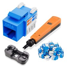 25 PCS 10Gbps Blue Cat6 RJ45 Keystone Jacks With PunchDown Tool And Stand picture