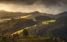 Landscape nature spring hills forest house clouds green Custom Gaming Mat Desk picture