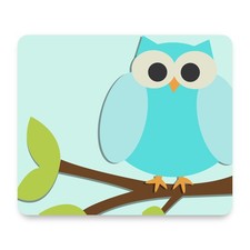 Cute Cartoon Blue Owl On Branch Pastel Green Leaves Vector Mouse Pad 9.25x7.75 picture