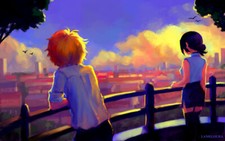 Landscape chainsaw man denji clouds iron railing bridge Custom Gaming Mat Desk picture