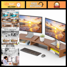 Adjustable Dual Monitor Stand Riser, Swivel Angle, Walnut Finish, Ergonomic Desi picture