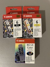 3 Genuine Canon Ink Cartridges NEW BCI-6BK Black, BCI-6Y Yellow, BCI-21 Color picture