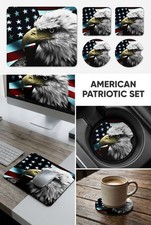 Bald Eagle Head American Flag Mousepad Coasters Patriotic Decor USA Veteran Gift picture