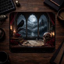 Gothic Dark Academia Mousepad - Skull, Raven, and Haunted Castle Design picture