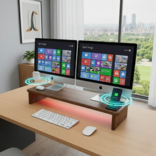 Wood Monitor Stand with Dual Wireless Charger, Headphone Charger & RGB LED Light picture