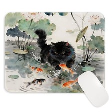 Japanese Black Cat Koi Fish Mouse Pad 9.5x7.9 Inch, Oriental Japandi Zen Lotu... picture