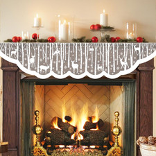 White Christmas Fireplace Mantel Cover – Lace Reindeer Snowflake Mantle Scarf Ga picture