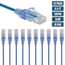 10x 0.5FT Slim CAT6A RJ45 Ethernet LAN Network Cable Cord Copper Wire 30AWG Blue picture