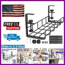 No Drill Under Desk Cable Management Tray - Heavy Duty Black Steel 15.7