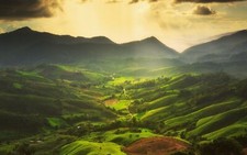 Landscape nature mist valley mountains clouds farm Custom Gaming Mat Desk picture