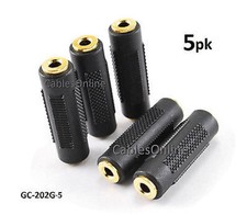5-PACK 3.5mm Stereo Barrel Connector F/F Coupler Gender Changer, Black/Gold picture