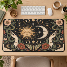 Celestial Sun Moon Desk Mat, Witchy Floral Mouse Pad, Boho Office Decor picture