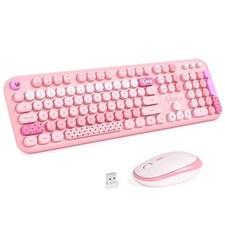 Wireless Keyboard Mouse Combo Pink Rainbow Full Size Round Keycaps USB 2.4GHz PC picture