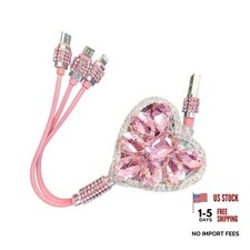 3-in-1 Car Retractable Multi Charging Cable, Rhinestone Heart Data 1 PCS Pink picture