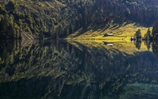 Landscape nature mountains lake reflection forest cabin Custom Gaming Mat Desk picture