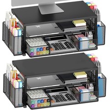 Pack 2-Tier Monitor Stand Desk Organizer Black Carbon Steel Drawer Pen Holders picture