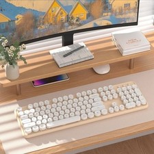 Cute Wireless Bluetooth Keyboard, Typewriter Retro Round Keycaps, White Milk Tea picture