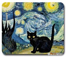 Van Gogh Starry Night & Black Cat - Mouse Pad / PC Mousepad - Fun Art Meme GIFT picture