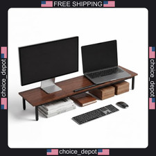 Dual Monitor Riser with Adjustable Laptop Stand Walnut Wood Steel picture