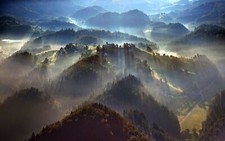 Landscape nature mist forest trees morning sunbeams Custom Gaming Mat Desk picture