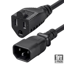 3 Pcs 1FT 18/3 Power Cord Cable IEC 60320 C14 to NEMA 5-15R 18AWG 3-Prong Black picture