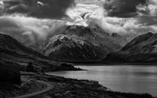 Landscape nature lake mountains road clouds monochrome Custom Gaming Mat Desk picture