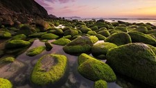 Landscape nature rocks moss mountains sunset beach coast Custom Gaming Mat Desk picture