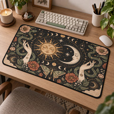 Celestial Sun Moon Desk Mat, Witchy Floral Mouse Pad, Boho Office Decor picture