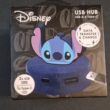 Disney Stitch USB 2.0 3-Port Hub USB-A/USB-C 1ft Cable Portable Blue picture
