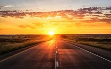 Landscape road sunset long plains orange sky field far Custom Gaming Mat Desk picture