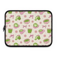 Matcha Tea Pattern Laptop Sleeve | Cute Green Tea Cups, Bows, Flowers picture