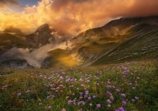 Landscape mountains sunset clouds flowers valley spring Custom Gaming Mat Desk picture