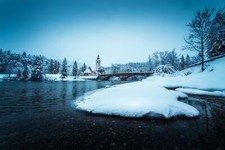 Landscape winter water bridge slovenia blue snow river Custom Gaming Mat Desk picture
