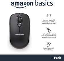 Amazon Basics 2.4 Ghz Wireless Optical Computer Mouse, USB Nano Receiver, Black picture
