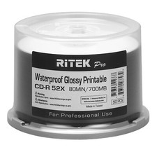 600 Ritek Pro CD-R 52X 700MB Water Resistant Glossy White Inkjet Printable Disc picture