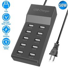 10-Port USB Charging Station 50W US Plug Auto-Detect Charge Black Varied Outputs picture