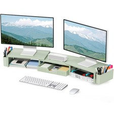 Dual Monitor Stand Riser with Drawer and 2 Pen Holders, Office Desk Sage Green picture