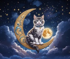 CELESTIAL CAT ON HALF MOON STARS CLOUDS MOON COMPUTER MOUSE PAD 9.25 X 7.34 IN. picture