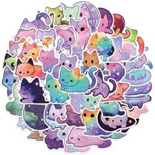50 Pcs Cartoon Rainbow Starry Sky Cat Stickers, Cute Aesthetic Purple  picture