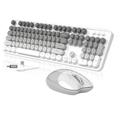 Gray White Retro Wireless Typewriter Keyboard And Mouse Set 104 Keys picture