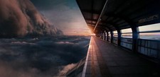 Landscape skyline futuristic clouds train station cliff Custom Gaming Mat Desk picture